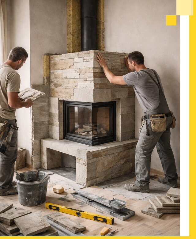 Угловые камины под ключ проект, монтаж и отделка в Зиме