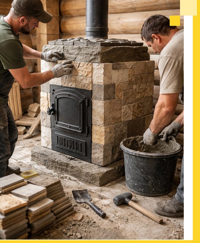 Облицовка банной печи под ключ в Зиме: камень и плитка