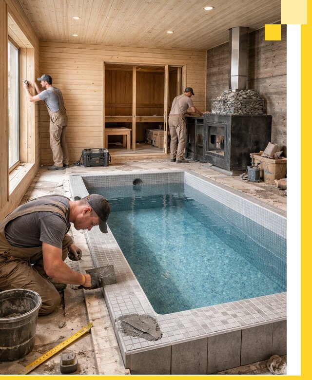 Проект бани с бассейном и сауной в Зиме под ключ