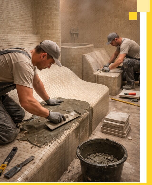 Лежаки для хамама под ключ в Зиме, проект и монтаж